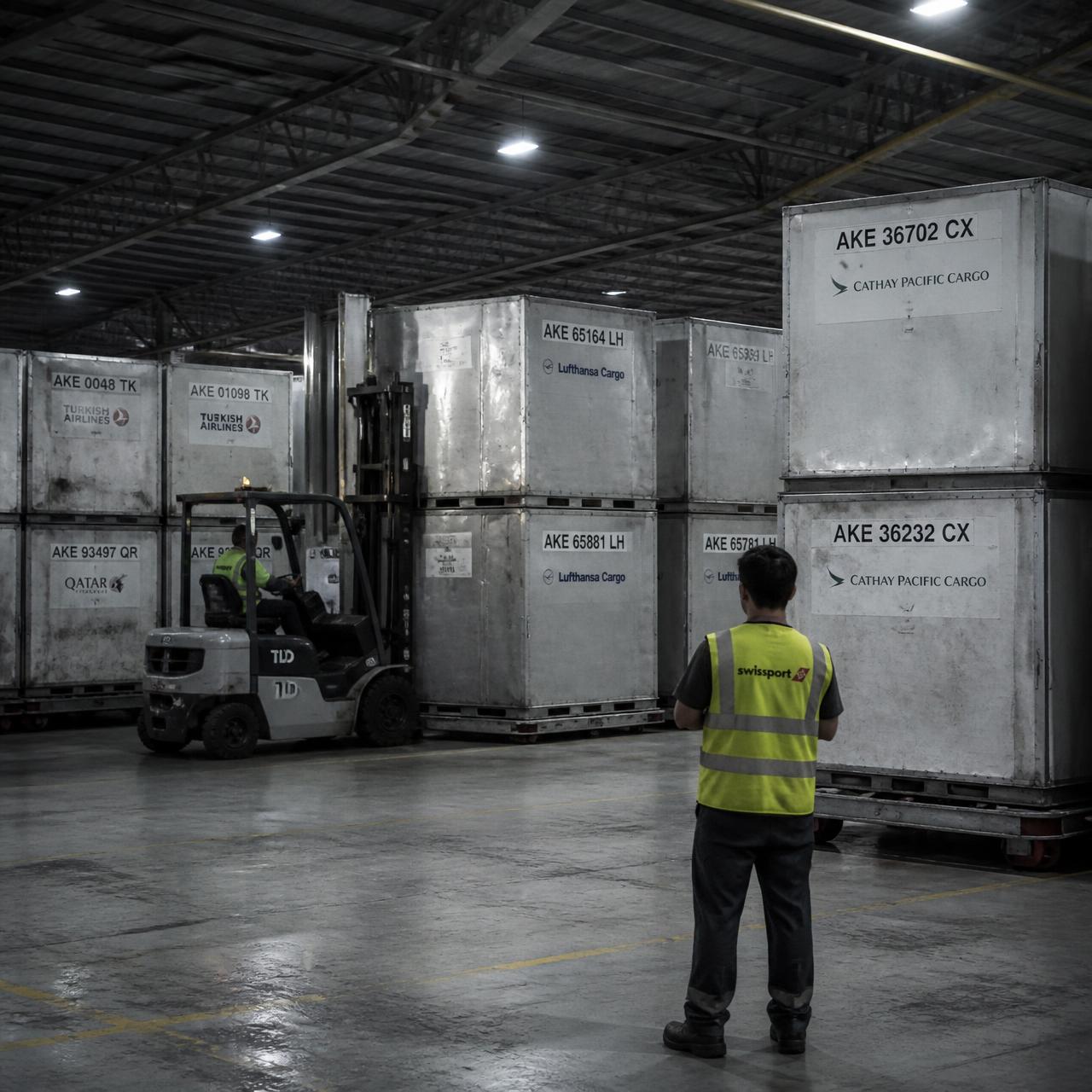 Air cargo warehouse with stacked ULD containers and a forklift